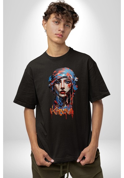 Khansa Eşarp Kadın Tasarımı Pamuklu Bisiklet Yaka Unisex Oversize Boyfriend Dijital Baskılı Siyah T-shirt Siyah