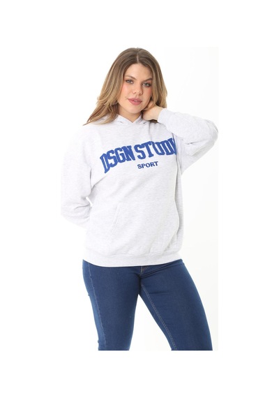Şans Kadın Büyük Beden Gri İçi Şardonlu 3 İplik Nakış Detaylı Kapşonlu Sweatshirt 65n37126-gri Gri