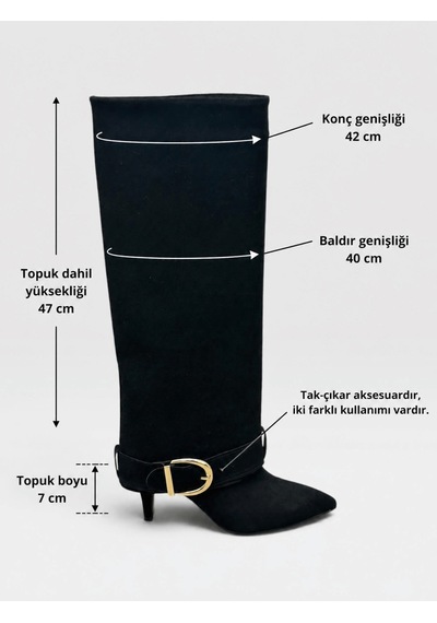 Erva'nın Butiği Siyah Süet Sevvely Tak Çıkar Aksesuarlı 7 Cm Tozluk Kadın Çizme-6486