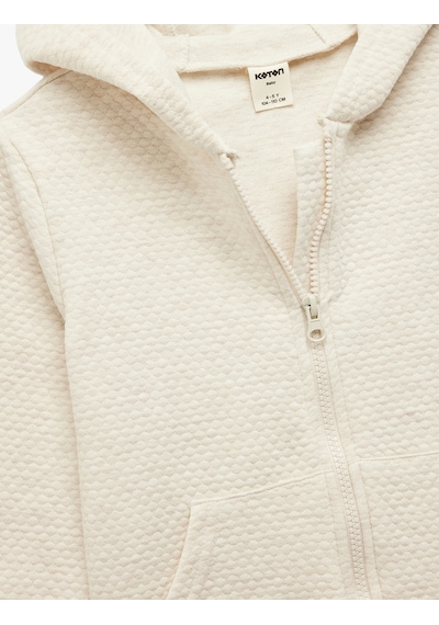 Koton Kapşonlu Dokulu Uzun Kollu Fermuarlı Sweatshirt Bej 6wmg10094ak Ekru