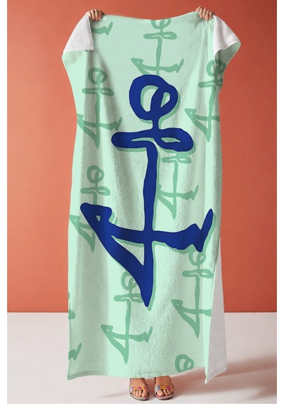 Çapa Marine Mint Plaj Havlusu - Akdeniz Modern Lacivert Turkuaz Hızlı Kuruyan Mikrofiber Havlu Çok Renkli
