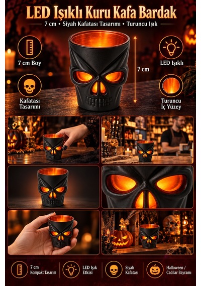 Led Işıklı Kuru Kafa Bardak Halloween Cadılar Bayramı Siyah Turuncu Kafatası Dekoru 7 Cm Renkli