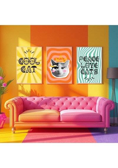 Besay Cool Cat Renkli Genç Odası Duvar Dekorasyonu Eğlenceli Kedi Ve Peace Temalı Estetik Tablo 3'lü Set A2 Çerçevesiz