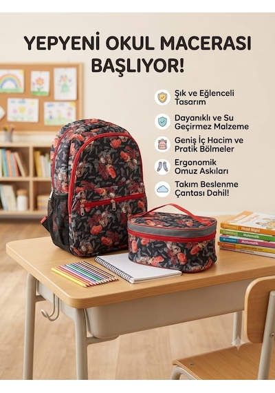 İlkokul Beslenme Setli Okul Çantası Kırmızı-siyah