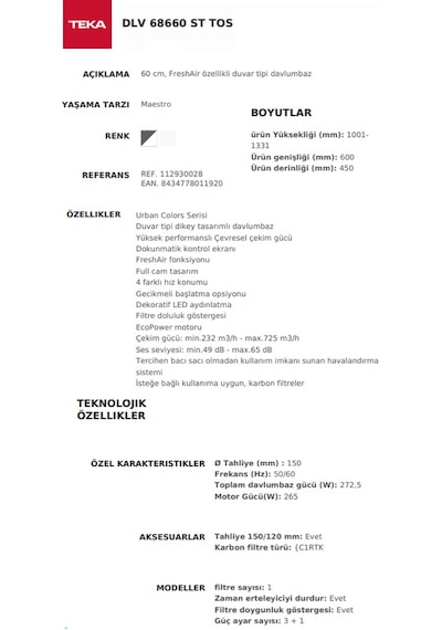 Teka DLV 68660 ST Duvar Tipi Davlumbaz 112930028