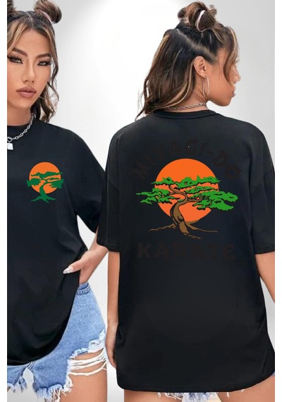 Miyagi-do Karete Çocuk Logo Dizi Bonzai Ağaç Siyah Oversize Unisex Ön Ve Sırt Baskılı Tişört Siyah