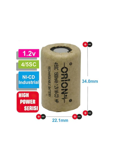Orion High Power Serisi 1500 mAh 1.2 V 4/5SC Boy Ni-CD Industrial Şarj Edilebilir Pil
