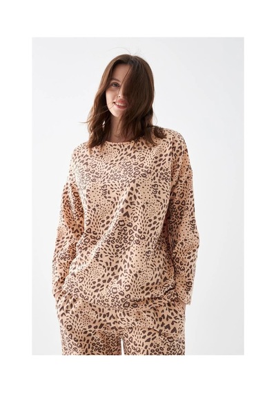 İkikareshop Kadın Oversize Bej Leopar Desenli Pamuklu Kalın Pijama Takımı Çok Renkli