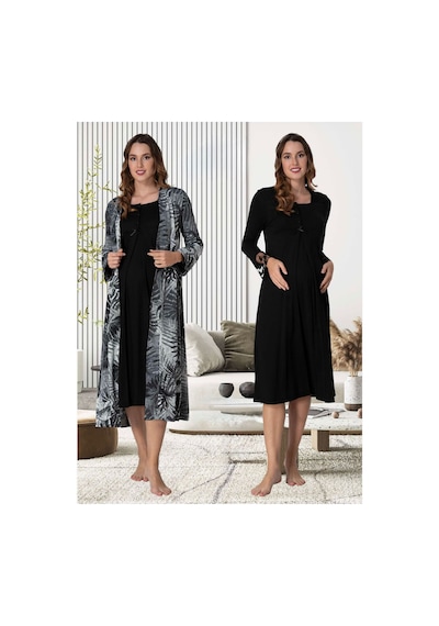 Lohusa Homewear Kadın Siyah Desenli Uzun Kollu Pamuklu Hamile Lohusa Sabahlık Gecelik 2'li Set Siyah