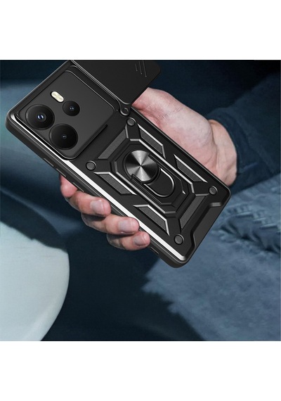 Xiaomi Redmi Note 14 4g Kılıf Sürgülü Kamera Koruyucu Manyetik Standlı Tank Koruma Celikaksesuar Siyah