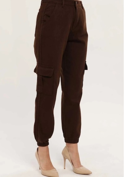 Kene Jeans Paça Lastik Kargo Cep Keten Mom Pantolon Kahverengi