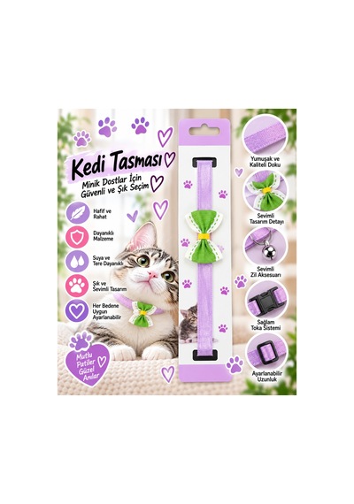 Kedi Tasması Lila Saten Yeşil Fiyonklu Zilli Ayarlanabilir Klips Tokalı Boyun Tasması