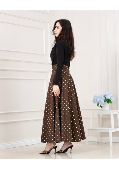 Sevitli Puantiyeli Maxi Etek-kahverengi-5718