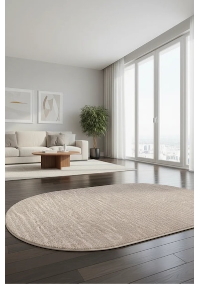 Salon Halısı Bej Yumuşak Oval Dokuma