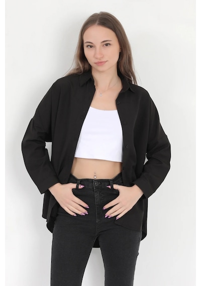 Giysa Kadın Siyah Uzun Kollu Basic Pamuklu Oversize Gömlek - 3900 Siyah