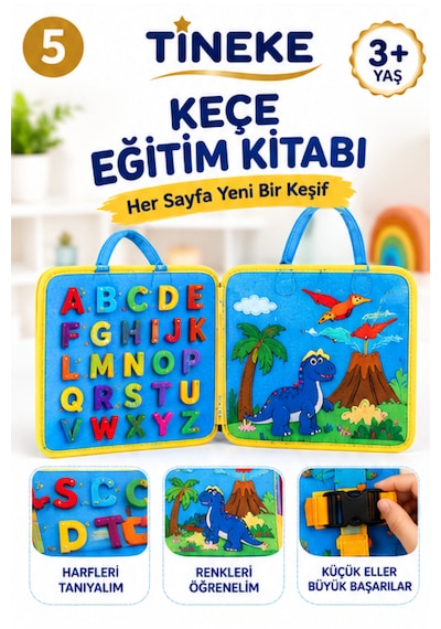 Tineke 3+ Yaş Keçe Eğitim Kitabı Montessori Eğitici Aktivite Oyuncağı Beceri Ve Zeka Geliştirici Çocuk Kitabı 4 Sayfa Mavi-ing