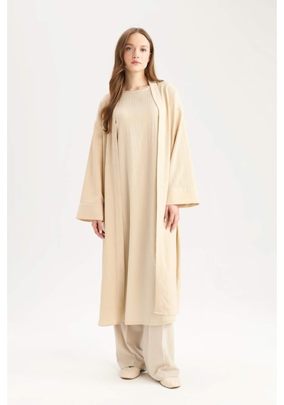 DeFacto Relax Fit Şal Yaka Krinkıl Kumaş Uzun Kimono E1816AX25SPBG757 Bej