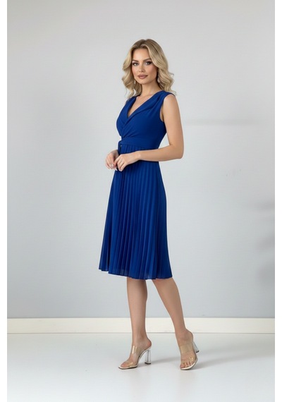 Defymoda Kadın Plise Detaylı Kuşaklı Modern Elbise Mavi