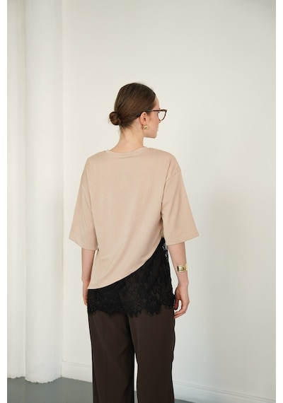 Verymoda D 2985 Dantel Detaylı Çizgili T Shırt D2985 Taş