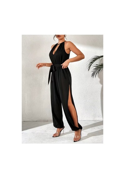 Butik İstanbul Kadın Omuzlardan Açık Damla Detaylı Yandan Yırtmaçlı Belden Kuşaklı Viskon Tulum Siyah
