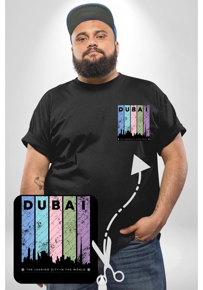 Angemiel Dubai Şehir Silüeti Renkli Şehir Siyah Büyük Beden Kadın Basic Minimal Baskılı Tişört Siyah