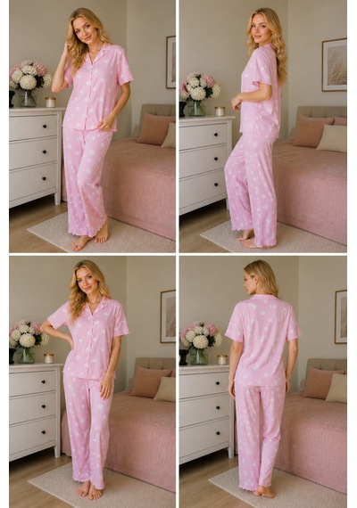 Esra Butik78 Milan Kumaş Yumuşak Dokulu Pudra Pembe Yazlık Kadın Pijama Seti