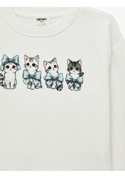 Koton Kedi Baskılı Şardonlu Uzun Kollu Bisiklet Yaka Sweatshirt Ekru 7wkg10405ak