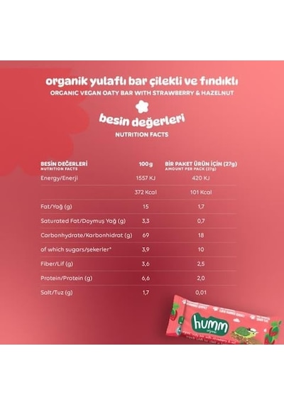 Organic Çilekli Fındıklı Yulaf Bar 27 Gr 27 G