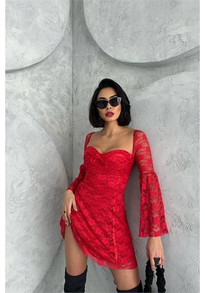 Dip Moda Kadın Kırmızı Glop Detaylı Dantel Mini Elbise Dpnbdf105 Kırmızı