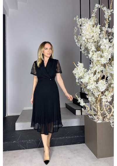 Ges Moda G0924 Kolları Dantel Piliseli Elbise Siyah-siyah
