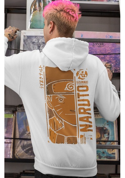 Sevbano Tasarım Naruto Uzumaki Anime Sırt Baskılı Unisex Oversize Penye H beyaz