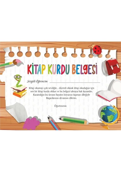 Kitap Kurdu Sertifikası Kalın Karton 10 Adet A4 Ebatında