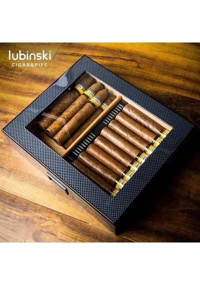 Lubinski Cedar Basic Camlı Puro Kutusu Humidor Slim Dijital Karbon 15s