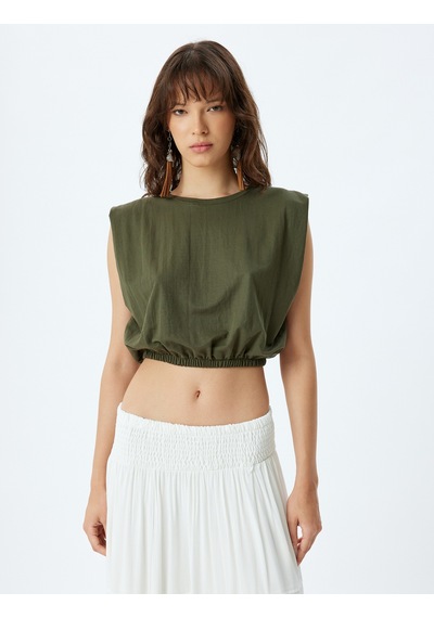 Koton Crop Kolsuz Bluz Bisiklet Yaka Beli Lastikli Viskon Kumaş Haki 4sak70097ek Haki