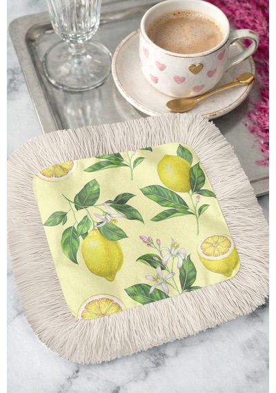 Limon Çiçek Bahçesi Saçaklı Sunum Peçetesi - Pastel Yaz Ferahlığı Akdeniz Sarı Bardak Altlığı Mendil Çok Renkli
