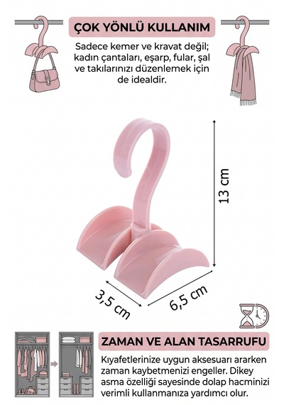 2 Adet Çok Amaçlı Kemer Çanta Şal Fular Eşarp Kravat Askısı Dolap İçi Aksesuar Organizeri Çok Renkli