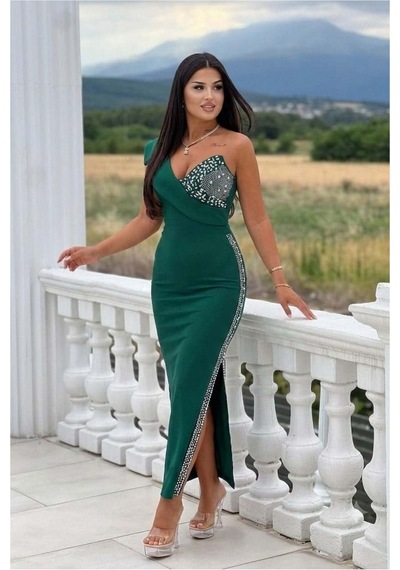 DefyModa Kadın Bohem Tek Omuz Yırtmaçlı Abiye Elbise Zümrüt