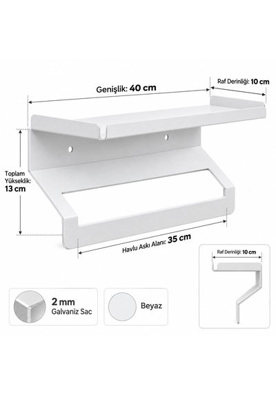 Metal Raflı Havluluk 40 Cm Duvar Tipi Havlu Askısı Beyaz