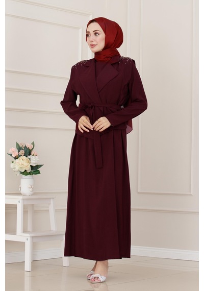 Sevitli Yeleği Taş Detaylı Tensel Elbise-bordo-5290