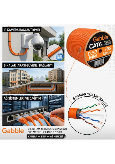 Gabble Turuncu Cat6 Dış Ortam Zırhlı Utp Ethernet Kablosu 305 Metre 23 Awg 0.57mm Network