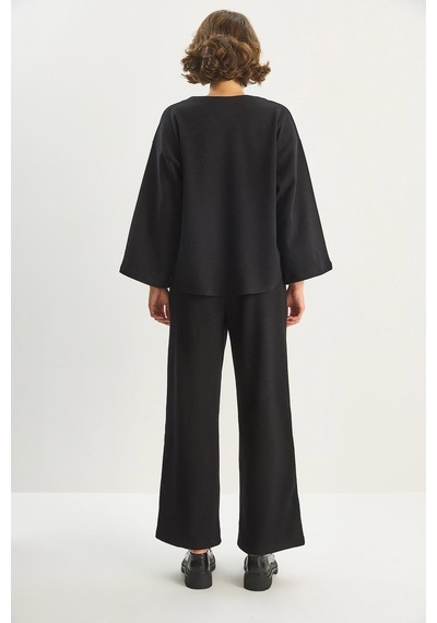 Shade Kadın Bağlama Detaylı Kimono Yüksek Bel Bol Pantolon Selanik Takım 7028 60283640 - Siyah
