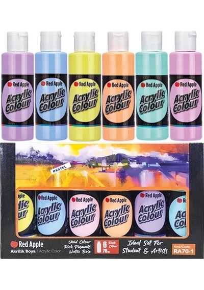 Red Apple 6 X 70 Ml Akrilik Boya Pastel Renkler Set 6 Pastel Renk Akrilik Boya Seti Çok Renkli