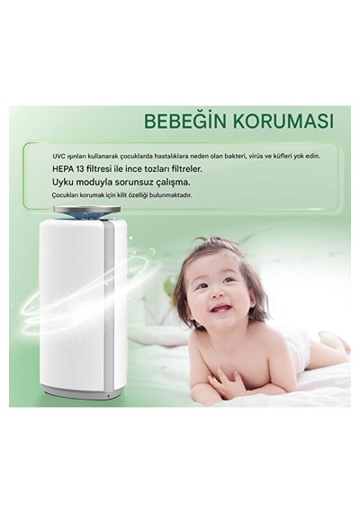 Akıllı Hava Temizleyici H13 Hepafiltre Uv-c Işıklı İyonizerli Koku Toz Giderici Alerji Sterilizasyon Beyaz