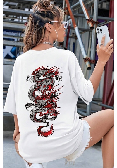 Unisex Chinesebox Baskılı T-shirt Beyaz