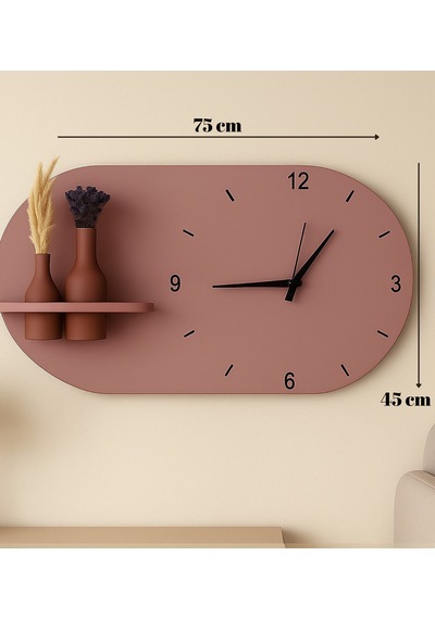 Modern Tasarım Raflı Nera Duvar Saati 75x45 Gül Kurusu