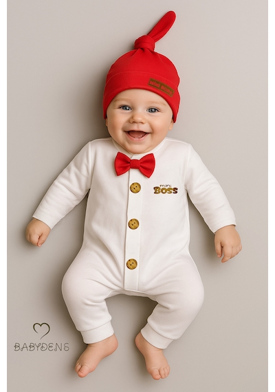 Babyden's Mini Boss Erkek Bebek Tulum Ve Şapka Seti Yenidoğan Papyonlu Bebek Tulumu %100 Pamuk Kırmızı