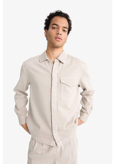Defacto Boxy Fit Polo Yaka Twill Uzun Kollu Gömlek F7124ax25augr302 Gri