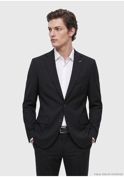 Ramsey Siyah Düz Modern Fit %100 Yün Takım Elbise