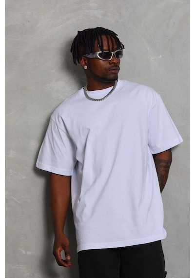 Erkek Düz Yazlık Kısa Kol Tişört Bisiklet Yaka Oversize T-shirt - Beyaz