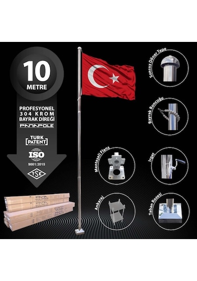 10 Metre Paslanmaz Krom Profesyonel Bayrak Direği